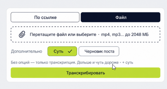 Форма транскрибатора: файл, опции и запуск